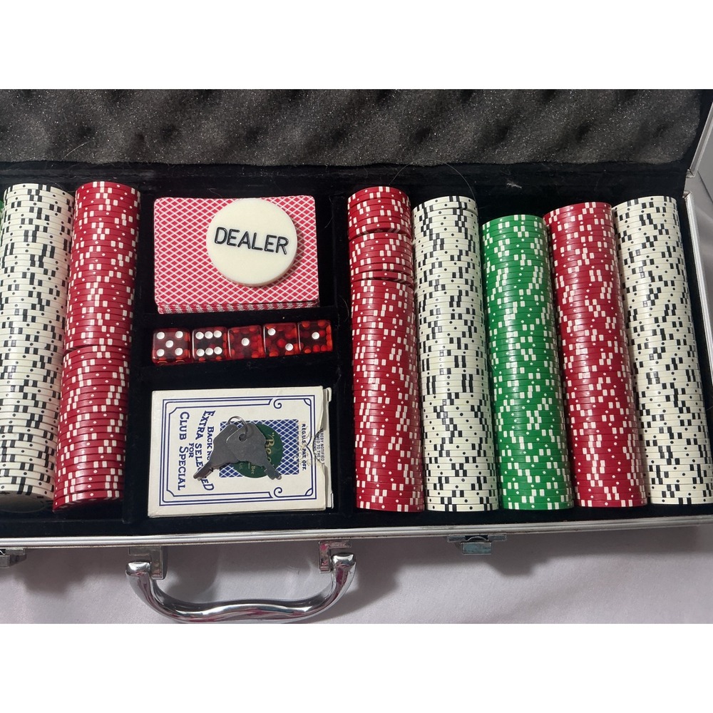 Used Piece Poker Chip Set with Aluminum Case Bee Playing Cards Dice Dealer Butto - Picture 9 of 11